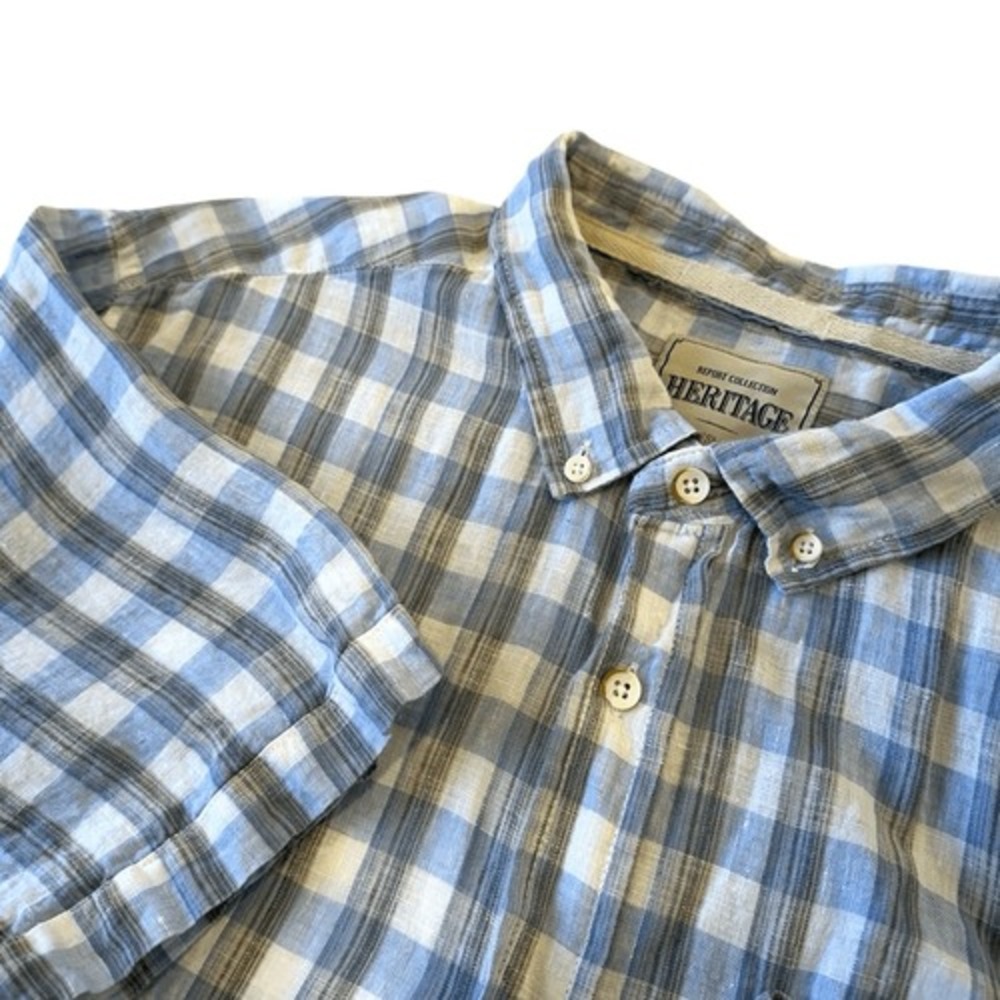 Heritage Report Collection Blue Plaid 100% Linen Button Down Shirt, XL